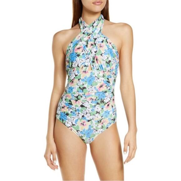 Ganni  Halter One Piece Swimsuit Blue Floral Size 6 New - Picture 5 of 10